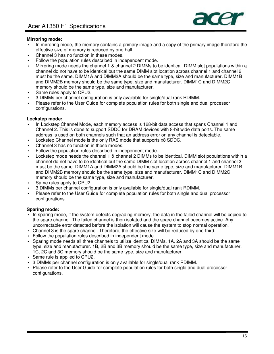 Acer at350 f1 specifications | Acer AT350 User Manual | Page 16 / 23