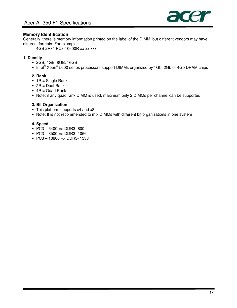 Acer at350 f1 specifications | Acer AT350 User Manual | Page 17 / 23