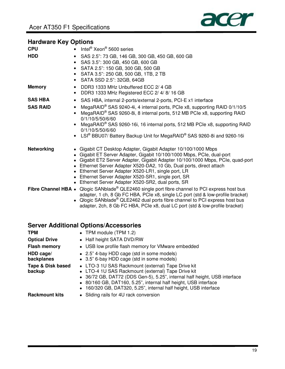 Acer at350 f1 specifications, Hardware key options, Server additional options/accessories | Acer AT350 User Manual | Page 19 / 23