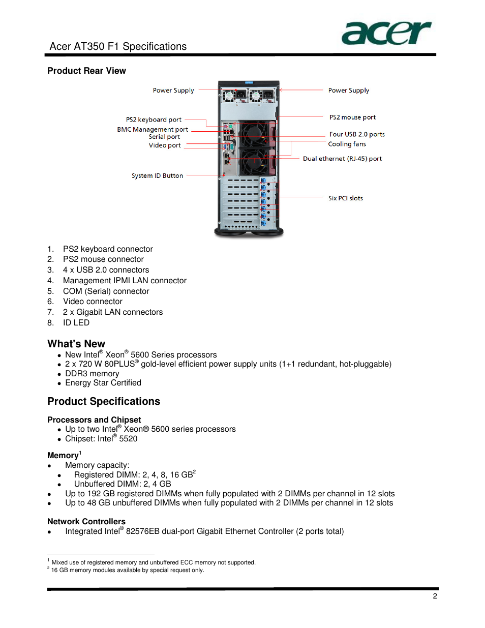 Acer at350 f1 specifications, What's new, Product specifications | Acer AT350 User Manual | Page 2 / 23