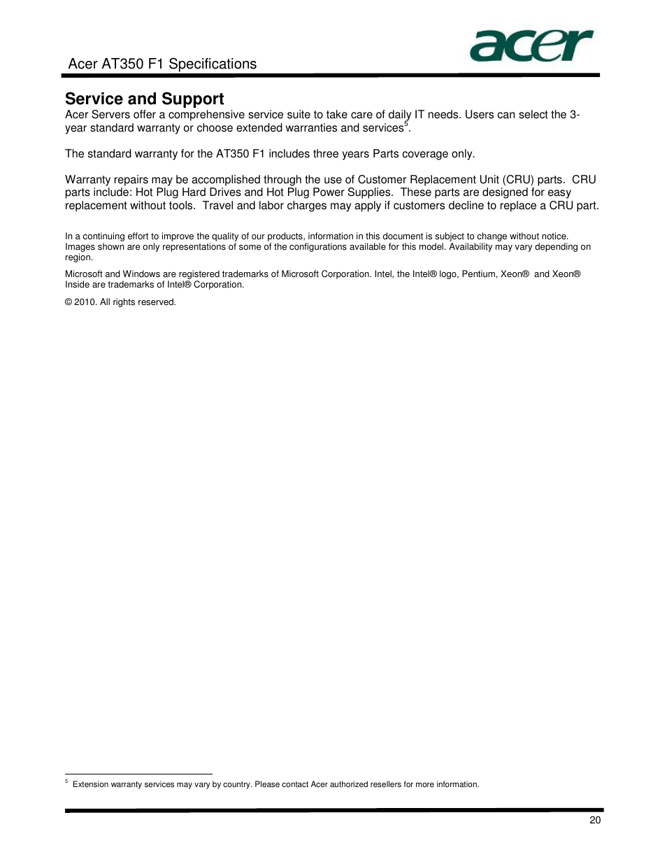 Service and support, Acer at350 f1 specifications | Acer AT350 User Manual | Page 20 / 23