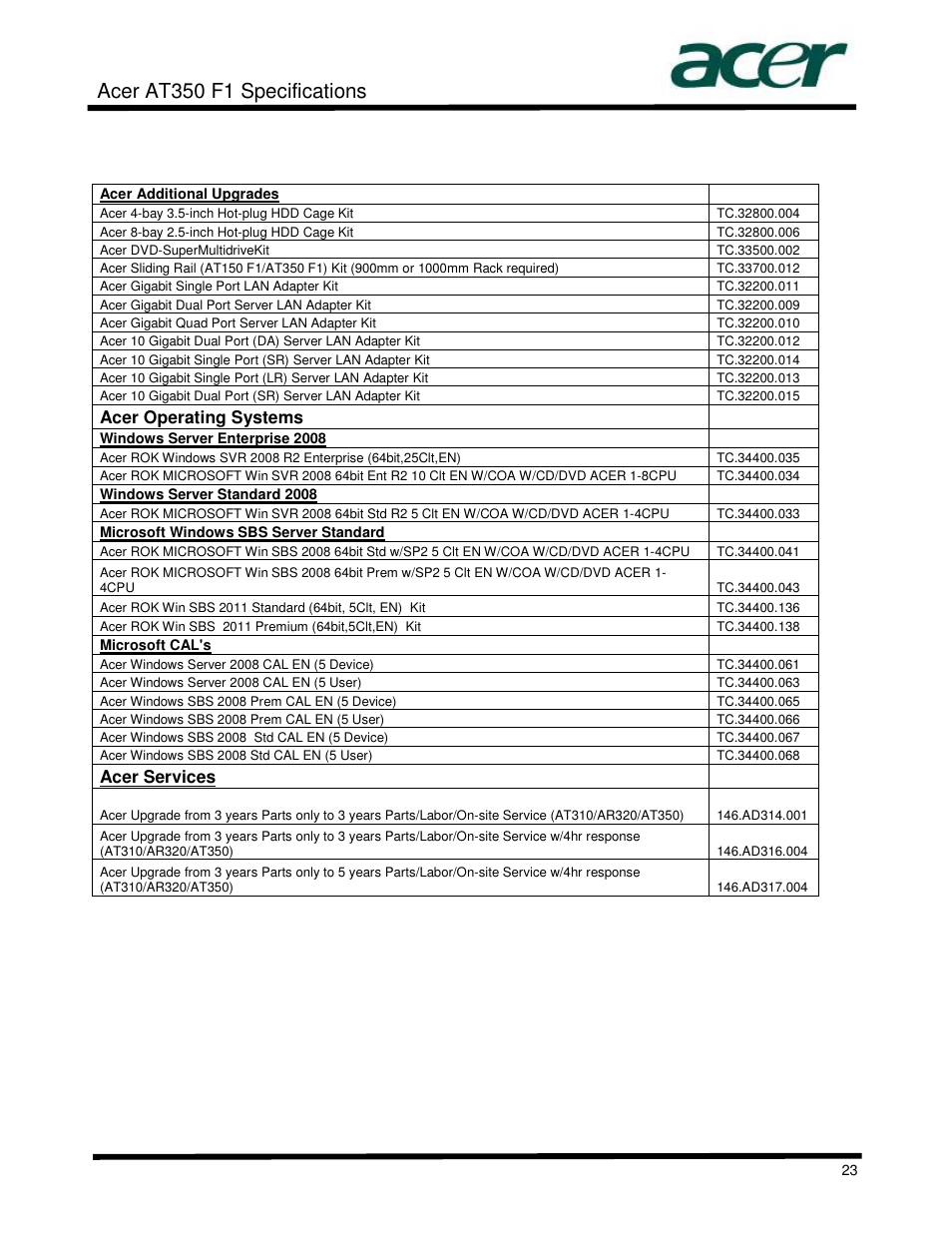 Acer at350 f1 specifications | Acer AT350 User Manual | Page 23 / 23