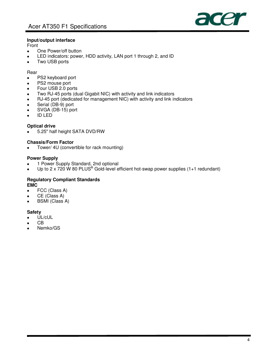 Acer at350 f1 specifications | Acer AT350 User Manual | Page 4 / 23