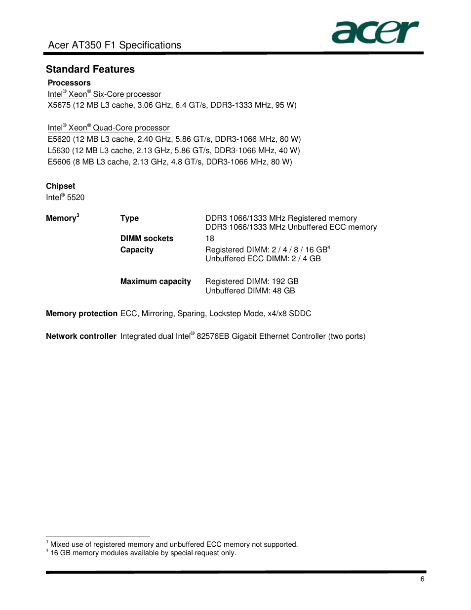 Acer at350 f1 specifications, Standard features | Acer AT350 User Manual | Page 6 / 23