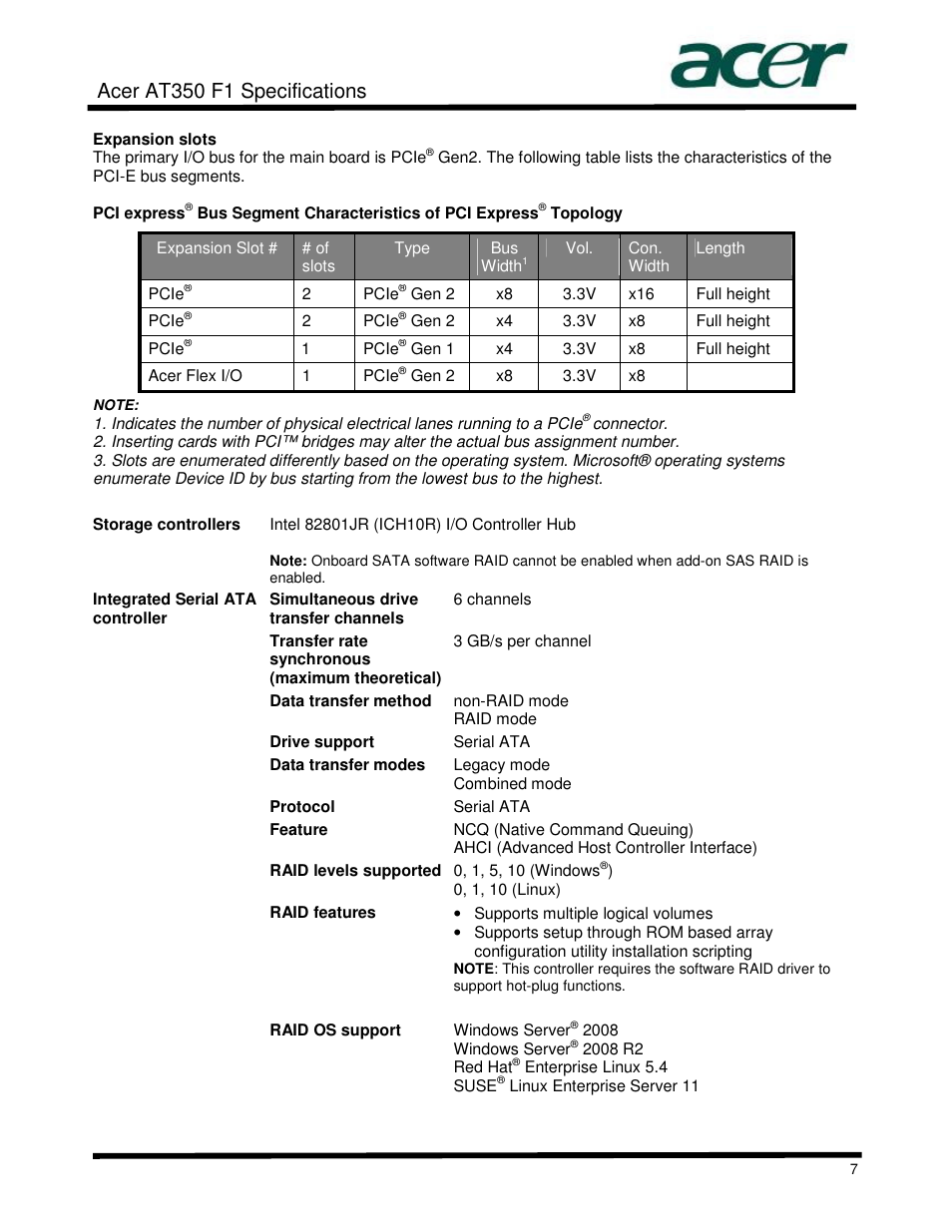 Acer at350 f1 specifications | Acer AT350 User Manual | Page 7 / 23