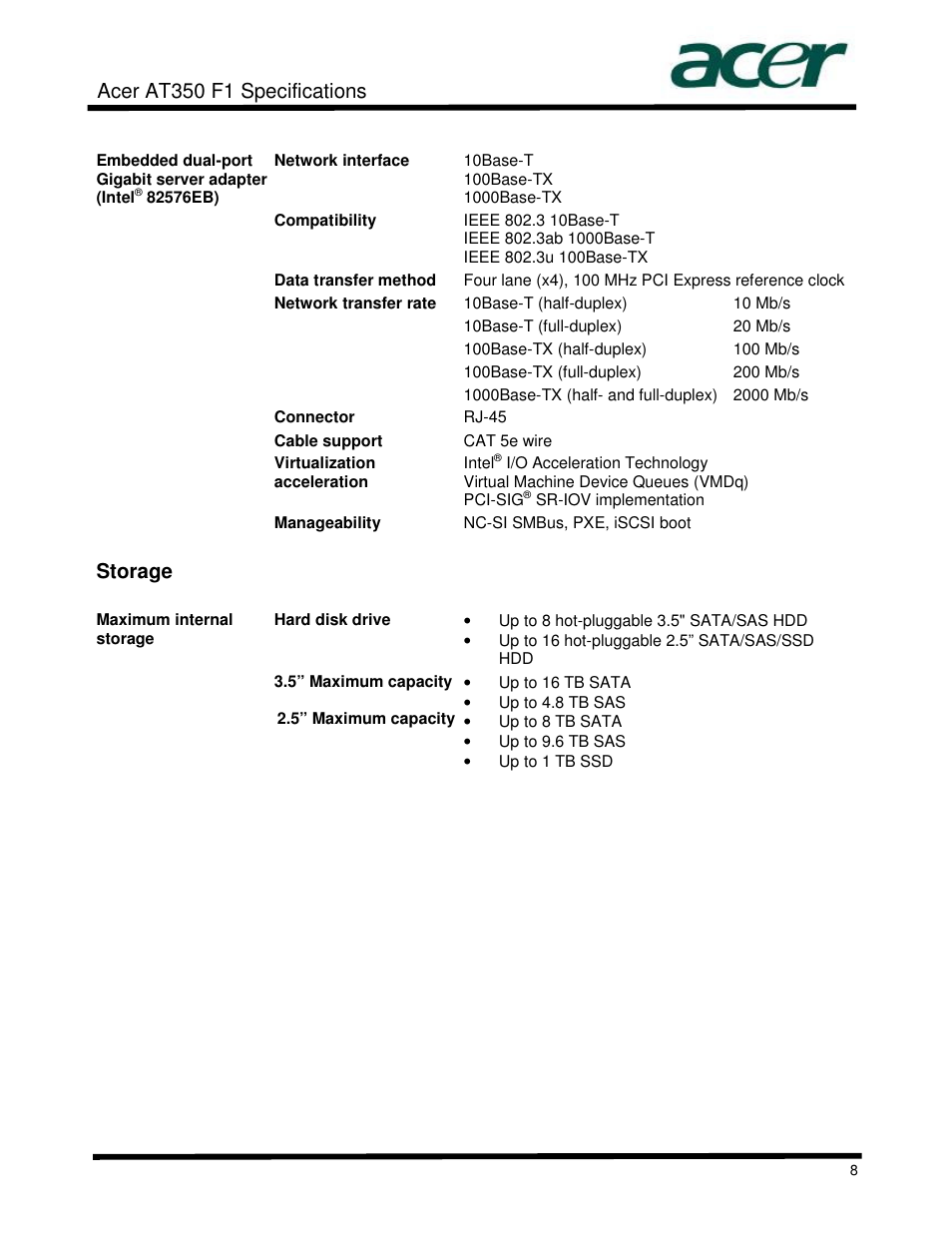 Acer at350 f1 specifications, Storage | Acer AT350 User Manual | Page 8 / 23