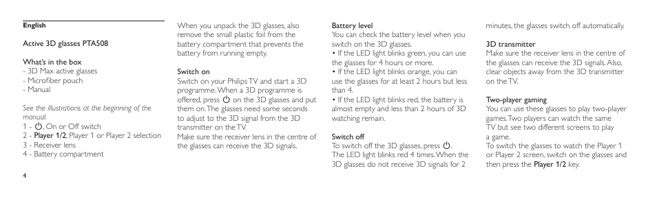 Philips Lunettes 3D Active User Manual | Page 4 / 88