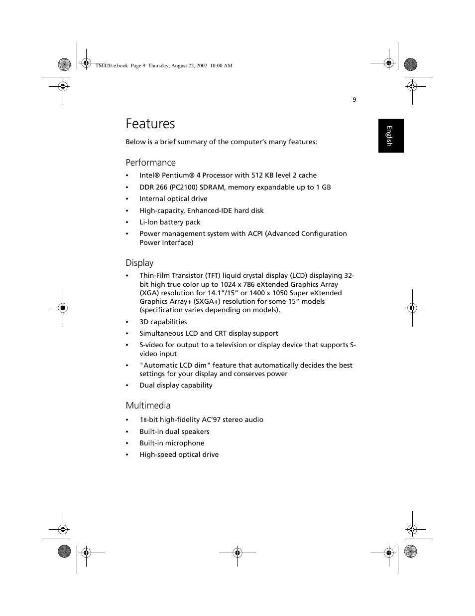 Features, Performance, Display | Multimedia | Acer 420 series User Manual | Page 17 / 78