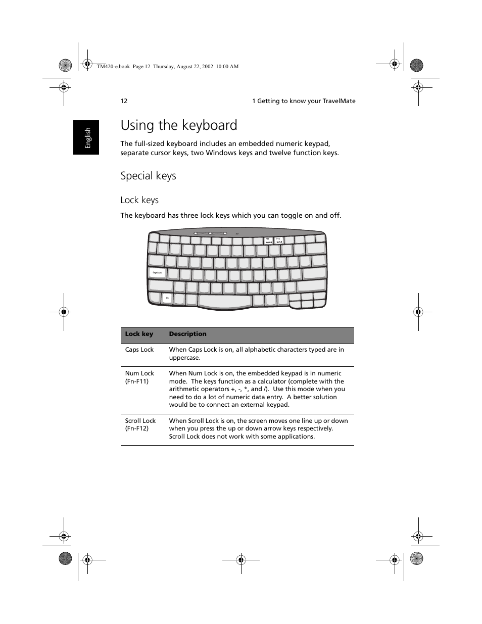 Using the keyboard, Special keys, Lock keys | Acer 420 series User Manual | Page 20 / 78