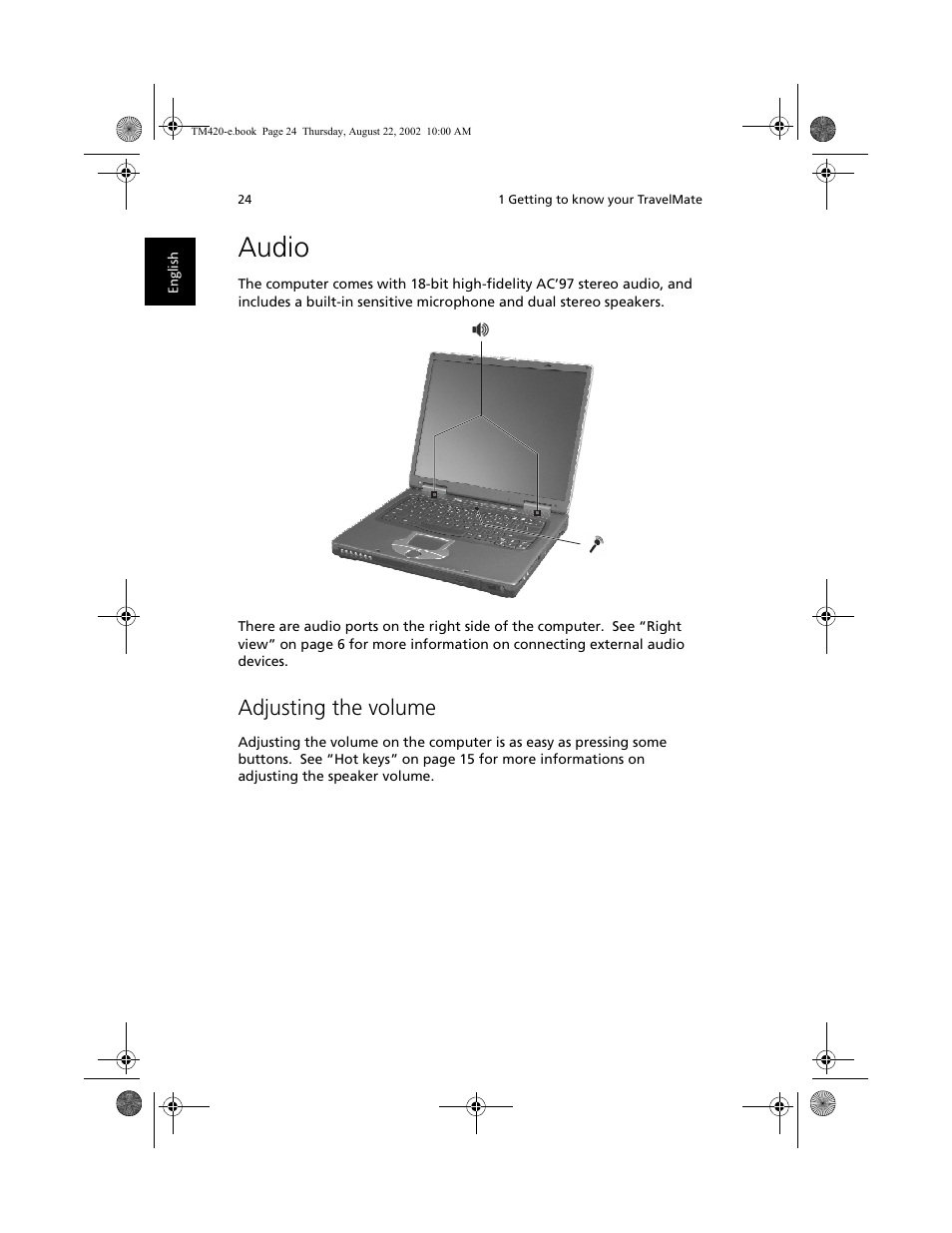 Audio, Adjusting the volume | Acer 420 series User Manual | Page 32 / 78