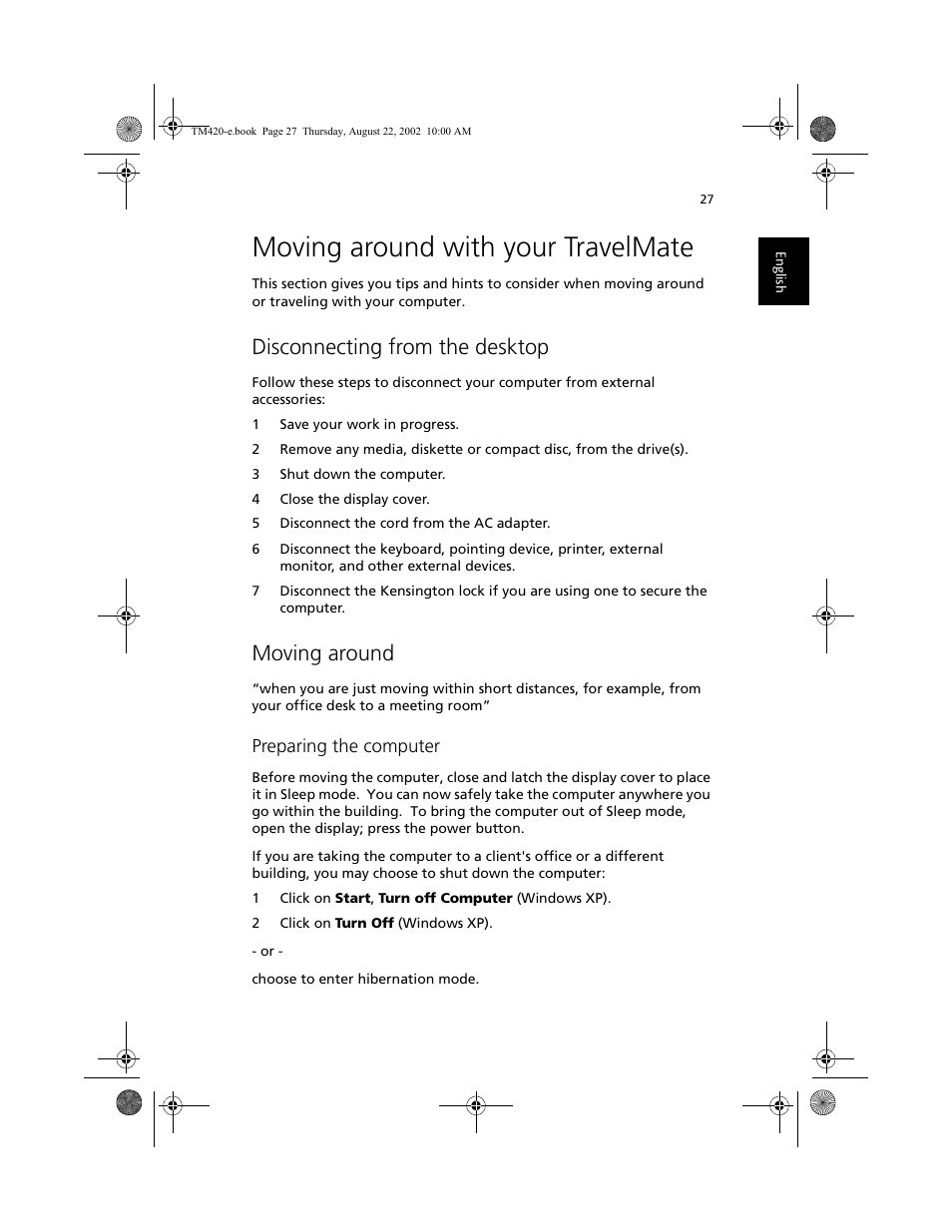 Moving around with your travelmate, Disconnecting from the desktop, Moving around | Acer 420 series User Manual | Page 35 / 78