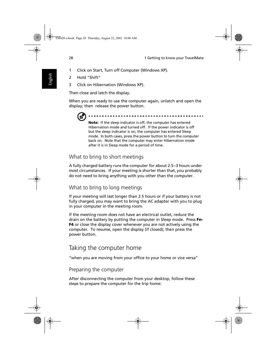 Taking the computer home, What to bring to short meetings, What to bring to long meetings | Preparing the computer | Acer 420 series User Manual | Page 36 / 78