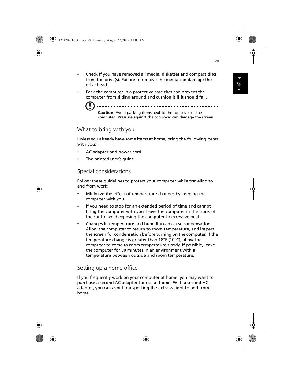 What to bring with you, Special considerations, Setting up a home office | Acer 420 series User Manual | Page 37 / 78