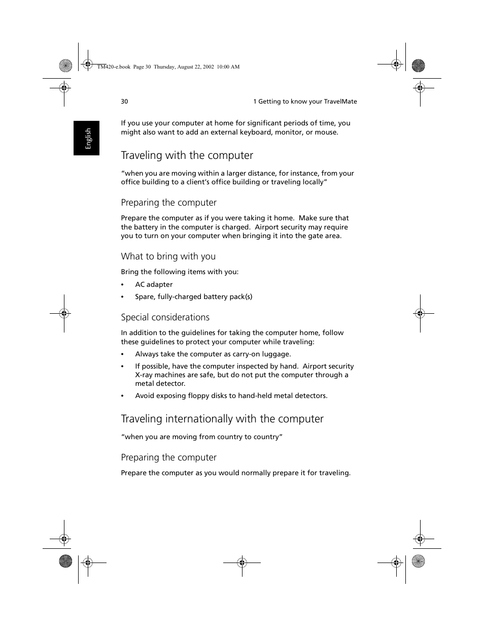 Traveling with the computer, Traveling internationally with the computer | Acer 420 series User Manual | Page 38 / 78