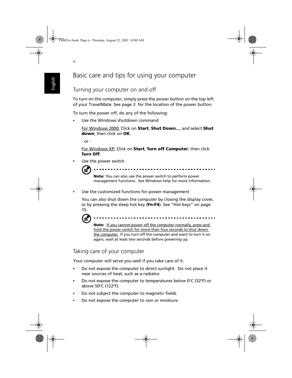 Basic care and tips for using your computer, Turning your computer on and off, Taking care of your computer | Acer 420 series User Manual | Page 4 / 78