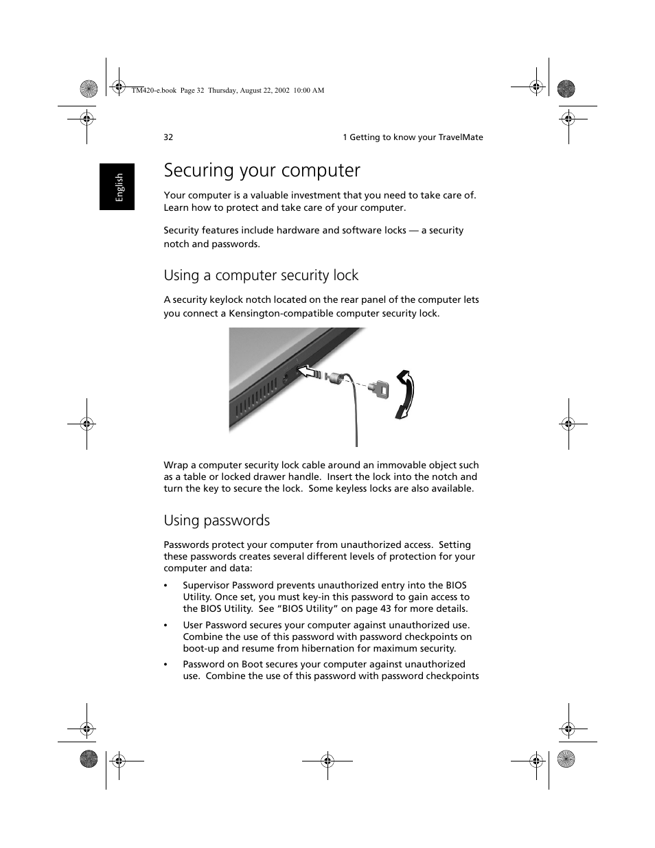 Securing your computer, Using a computer security lock, Using passwords | Acer 420 series User Manual | Page 40 / 78