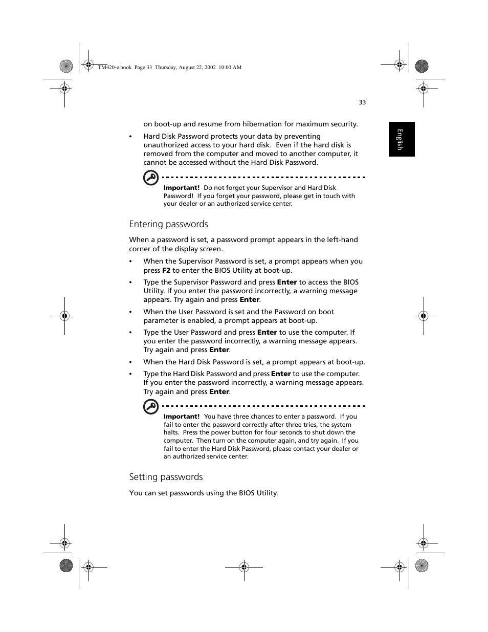 Entering passwords, Setting passwords | Acer 420 series User Manual | Page 41 / 78