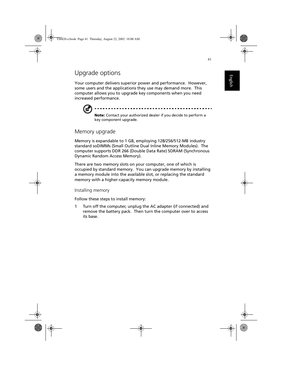 Upgrade options | Acer 420 series User Manual | Page 49 / 78