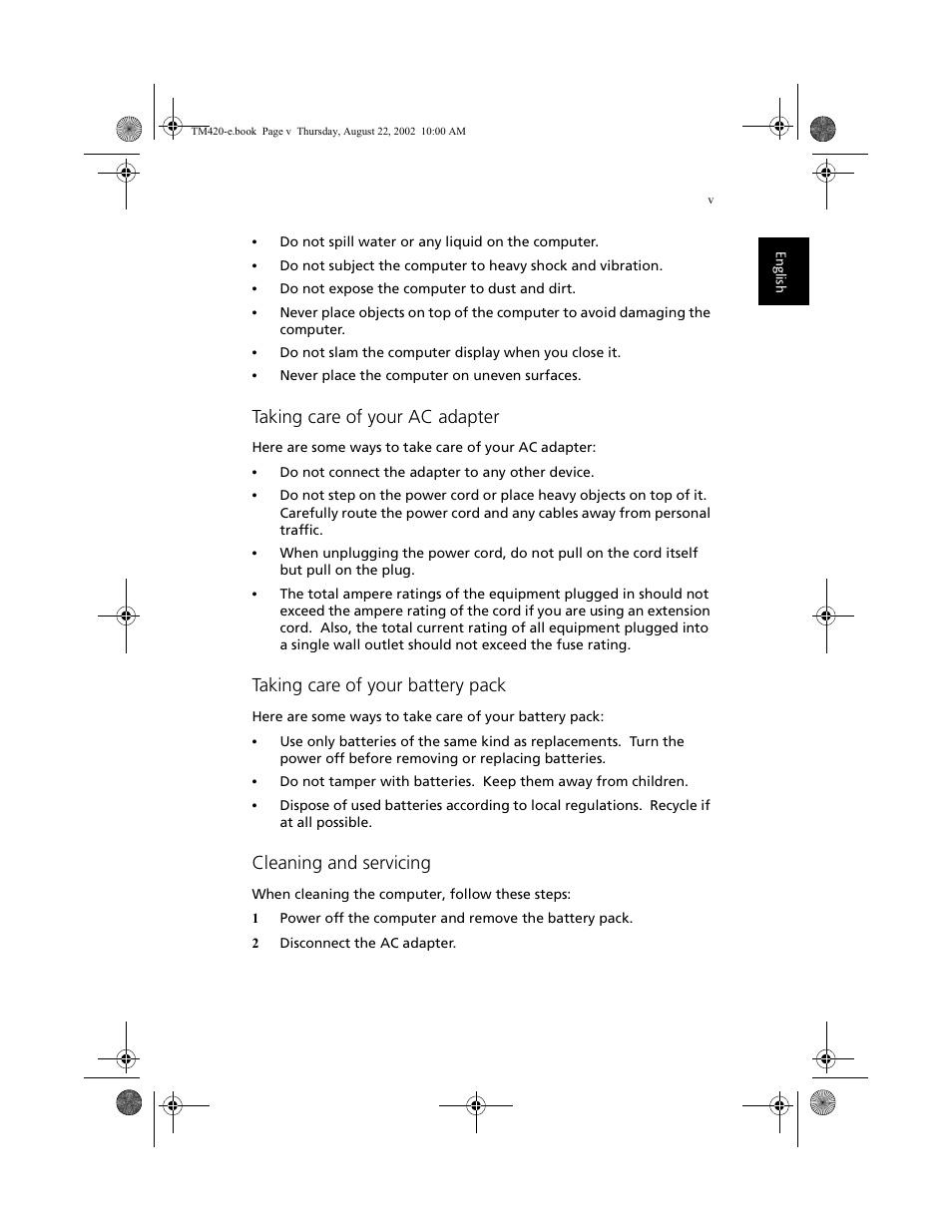 Taking care of your ac adapter, Taking care of your battery pack, Cleaning and servicing | Acer 420 series User Manual | Page 5 / 78