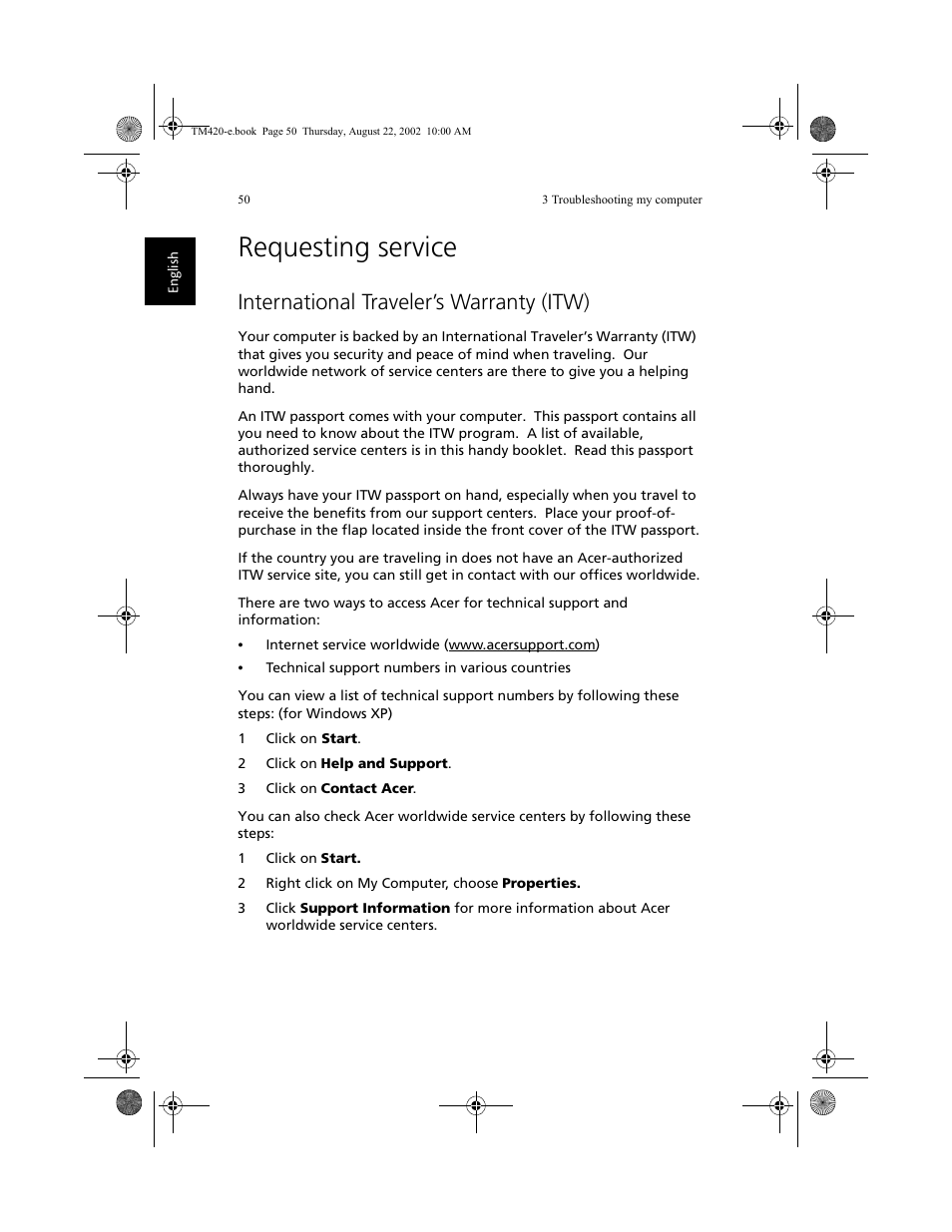 Requesting service, International traveler’s warranty (itw) | Acer 420 series User Manual | Page 58 / 78
