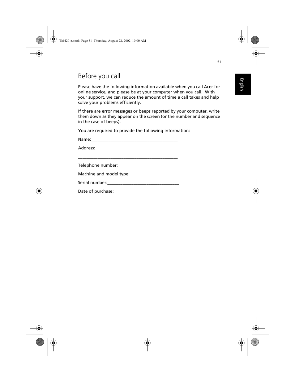 Before you call | Acer 420 series User Manual | Page 59 / 78