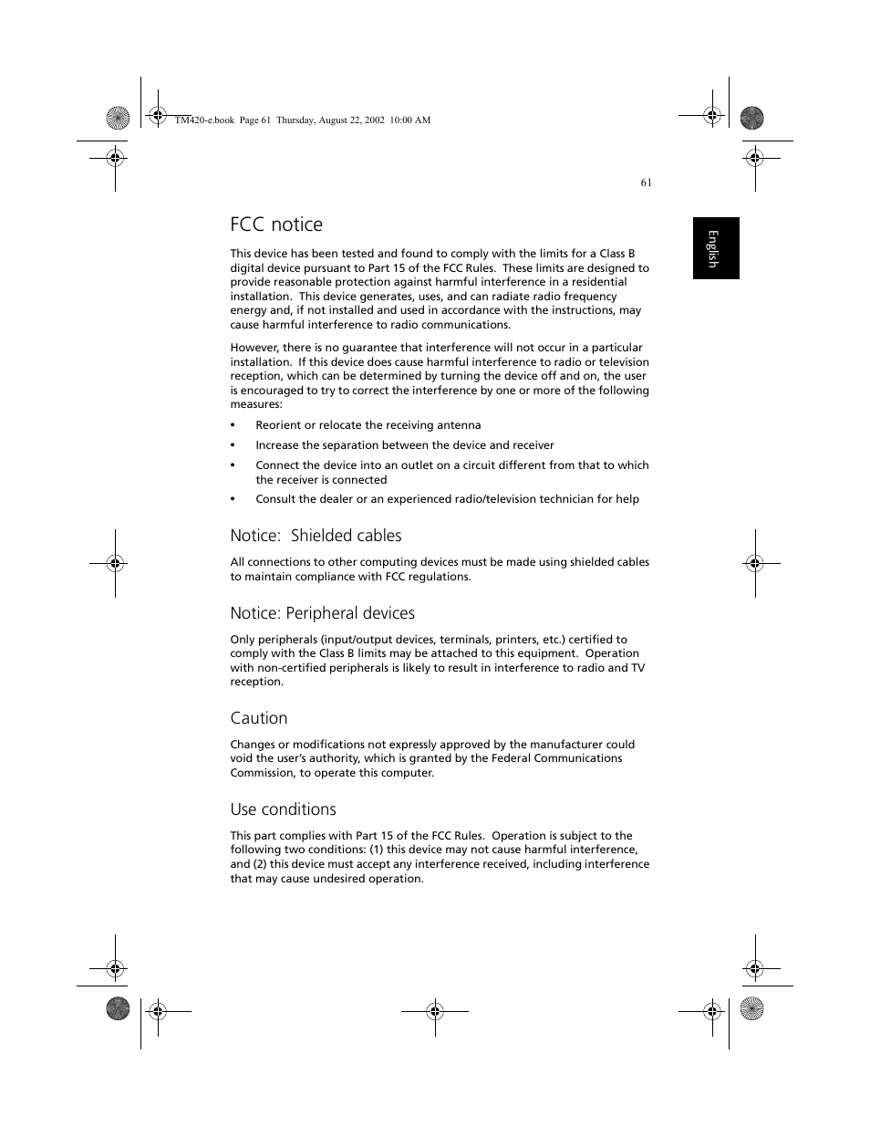 Fcc notice, Notice: shielded cables, Notice: peripheral devices | Caution, Use conditions | Acer 420 series User Manual | Page 69 / 78