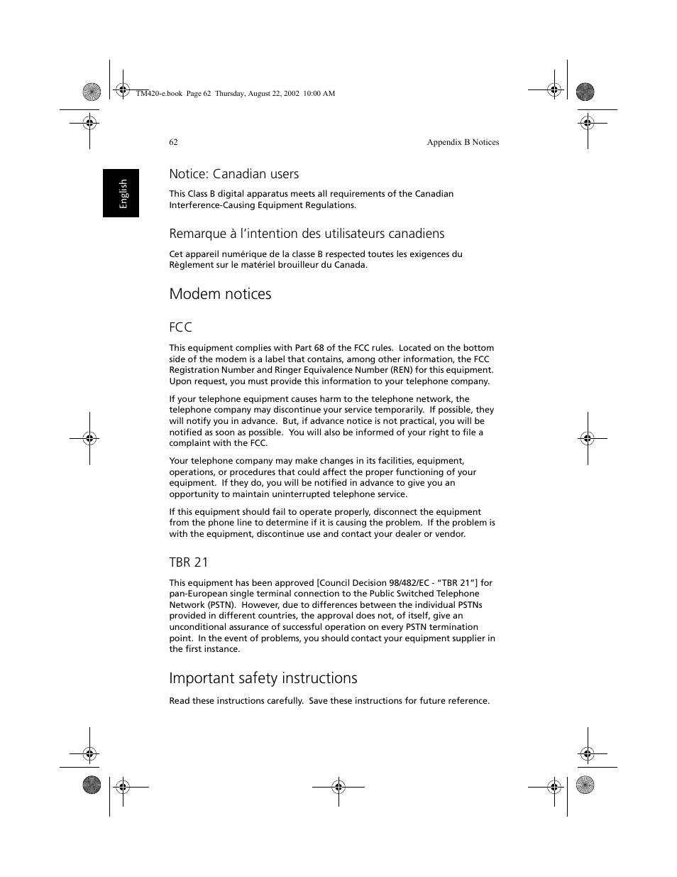 Modem notices, Important safety instructions, Notice: canadian users | Remarque à l’intention des utilisateurs canadiens, Tbr 21 | Acer 420 series User Manual | Page 70 / 78