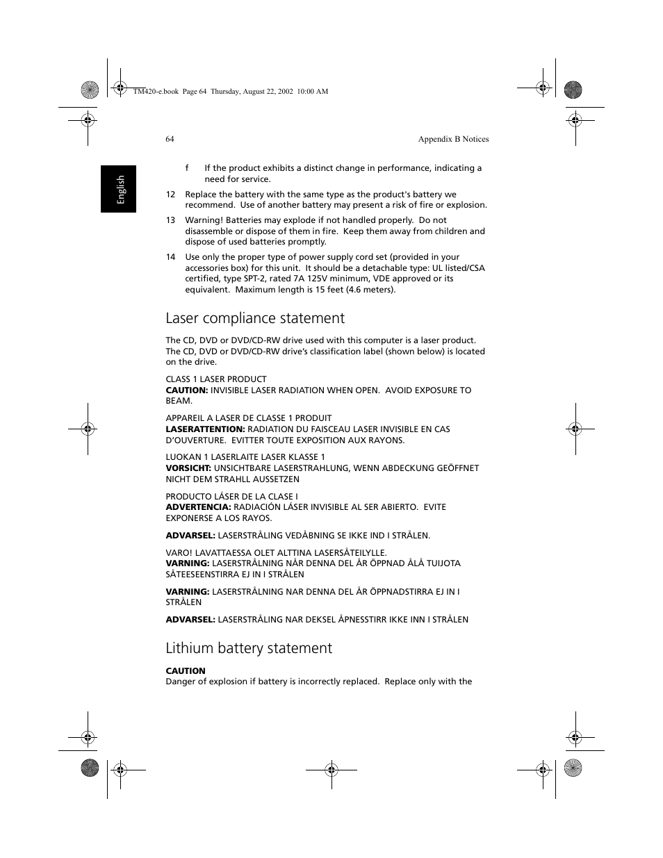 Laser compliance statement, Lithium battery statement | Acer 420 series User Manual | Page 72 / 78