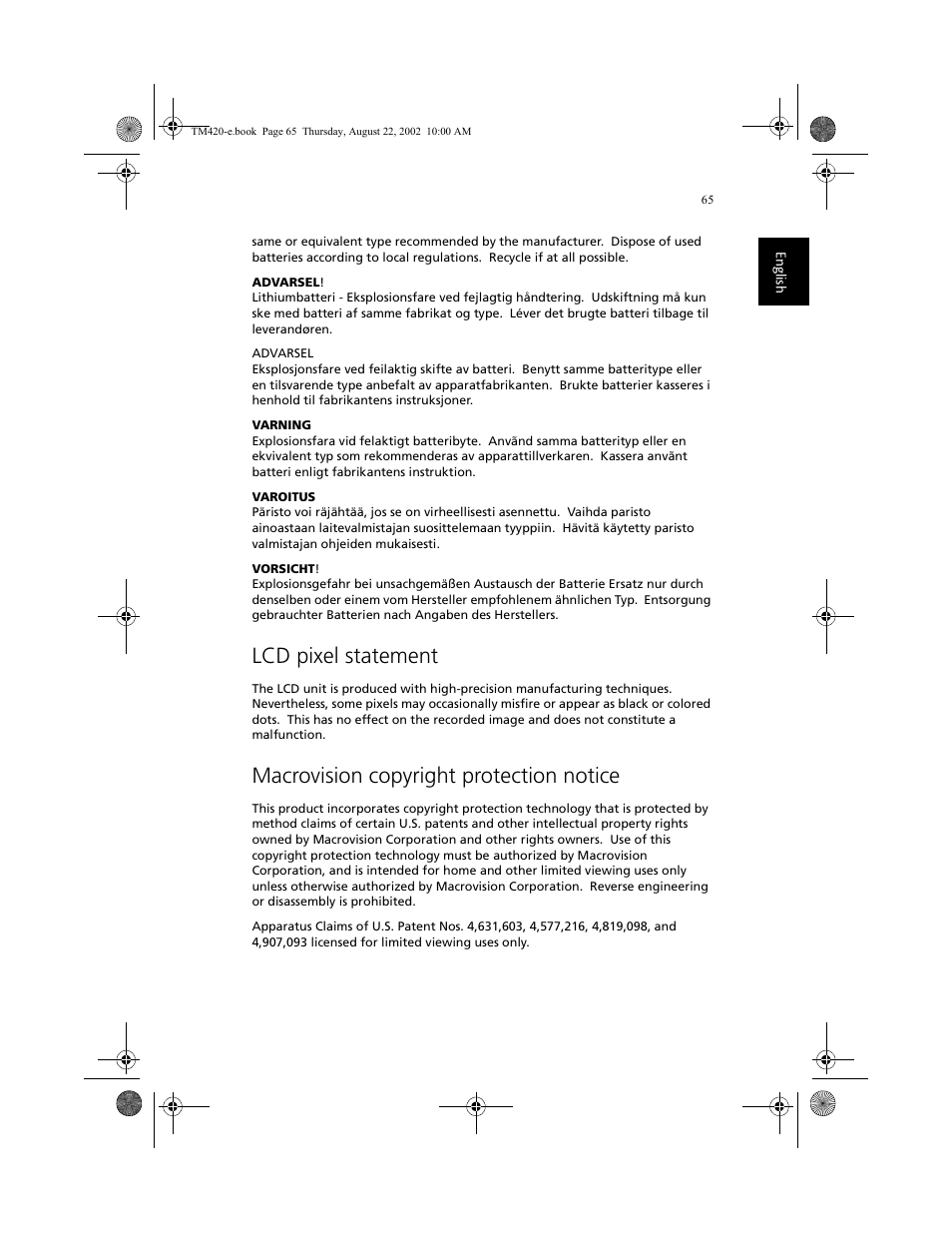 Lcd pixel statement, Macrovision copyright protection notice | Acer 420 series User Manual | Page 73 / 78