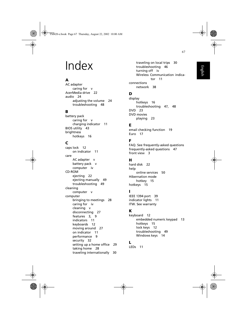 Index | Acer 420 series User Manual | Page 75 / 78