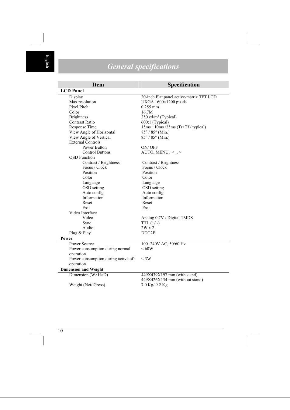 General specifications, Item specification | Acer AL2021 User Manual | Page 10 / 130