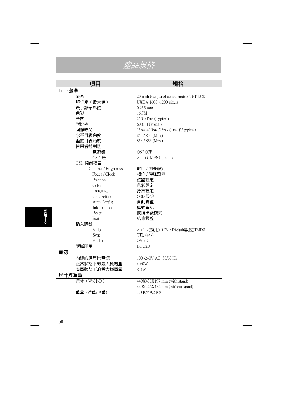 產品規格, 項目 規格 | Acer AL2021 User Manual | Page 100 / 130