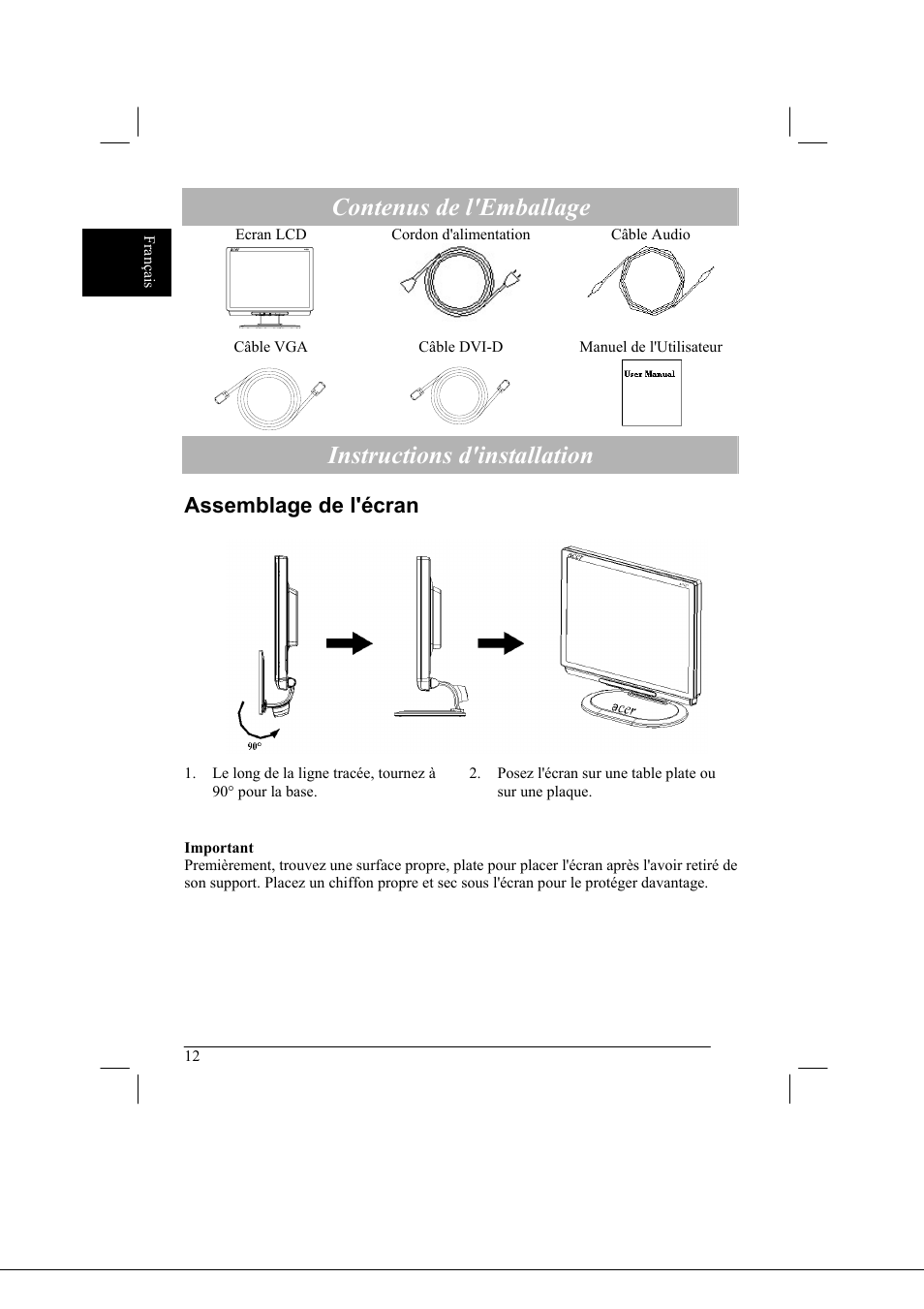 Contenus de l'emballage, Instructions d'installation, Assemblage de l'écran | Acer AL2021 User Manual | Page 12 / 130