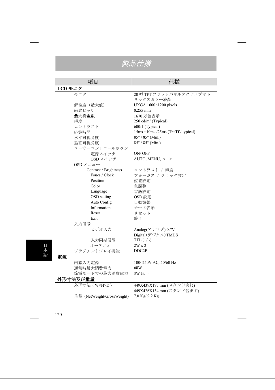 製品仕様, 項目 仕様 | Acer AL2021 User Manual | Page 120 / 130