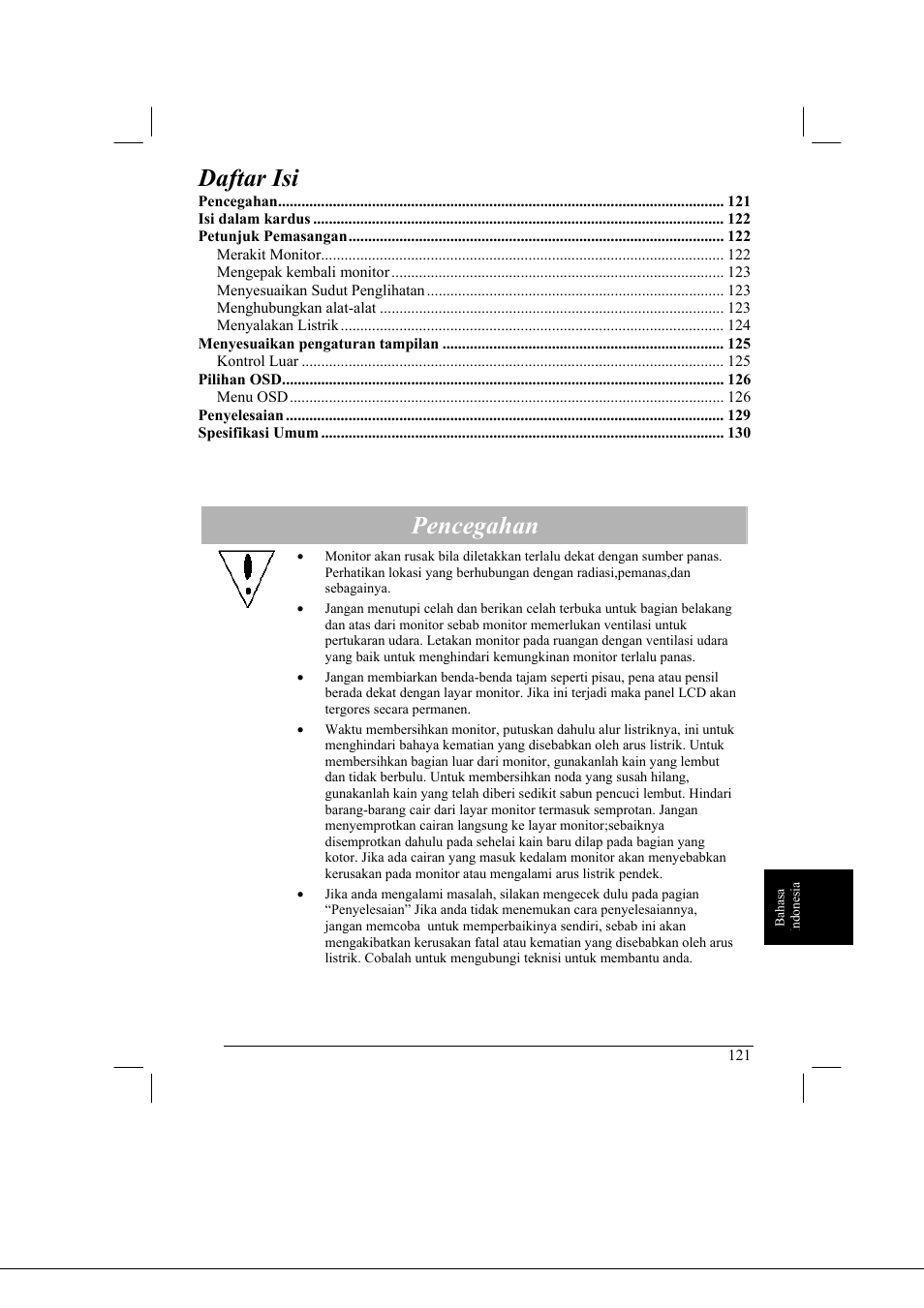 Daftar isi, Pencegahan | Acer AL2021 User Manual | Page 121 / 130