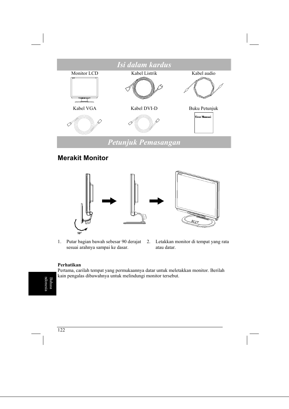 Isi dalam kardus, Petunjuk pemasangan, Merakit monitor | Acer AL2021 User Manual | Page 122 / 130