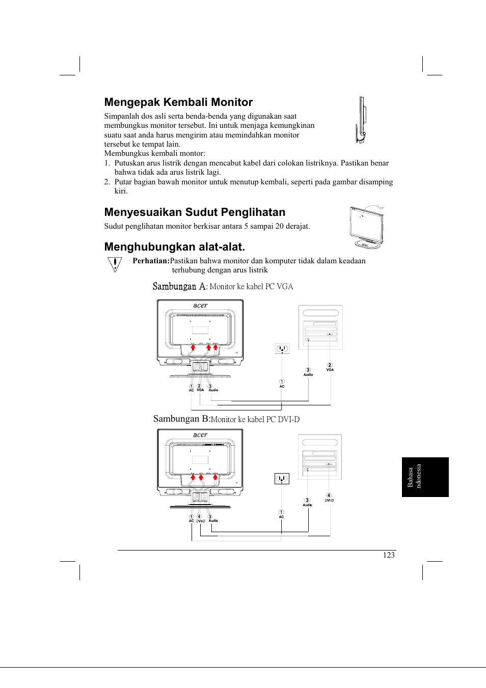 Mengepak kembali monitor, Menyesuaikan sudut penglihatan, Menghubungkan alat-alat | Acer AL2021 User Manual | Page 123 / 130