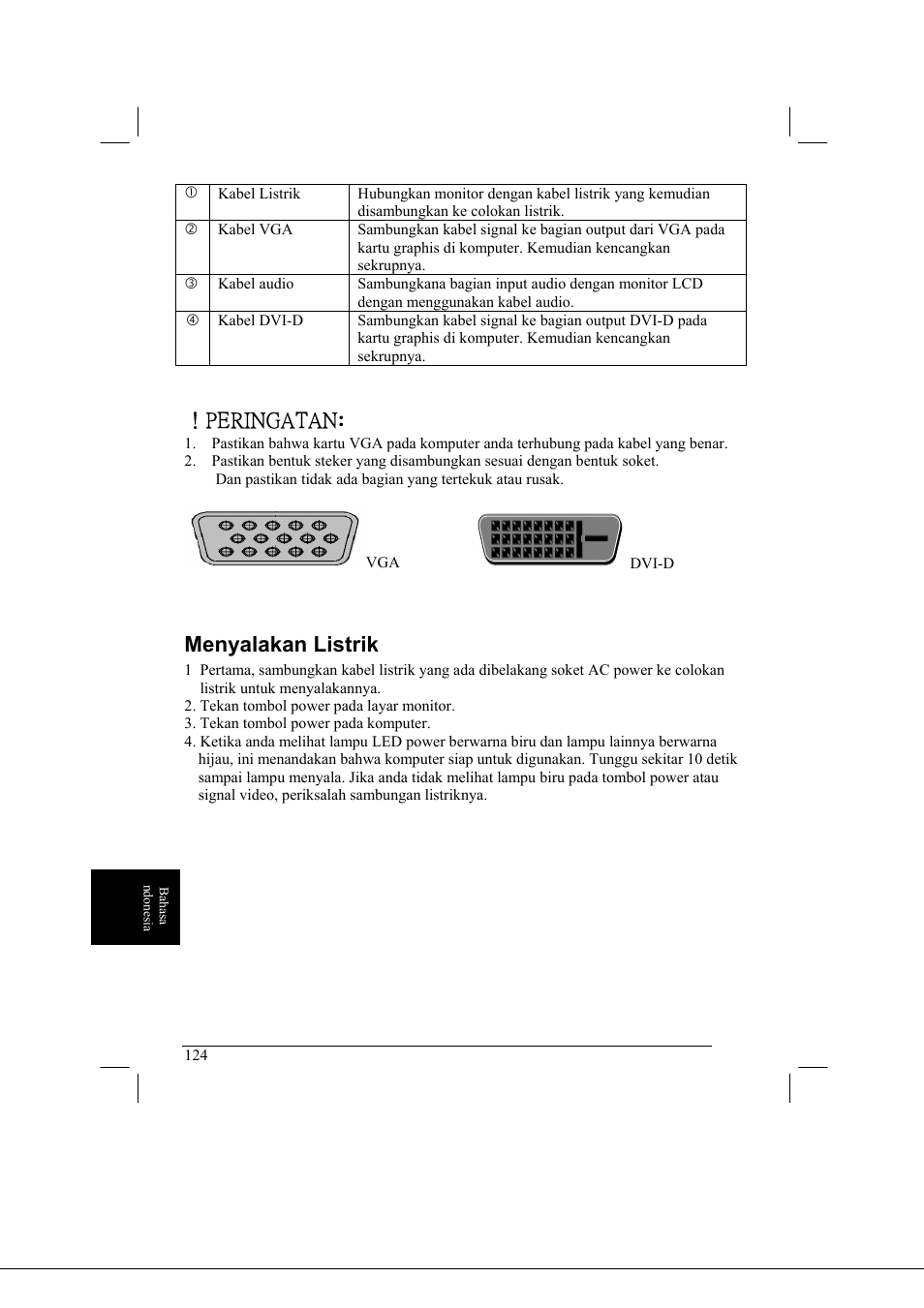 Peringatan, Menyalakan listrik | Acer AL2021 User Manual | Page 124 / 130