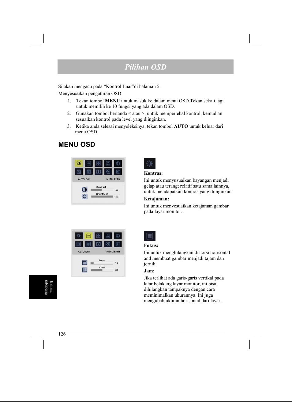 Pilihan osd, Menu osd | Acer AL2021 User Manual | Page 126 / 130