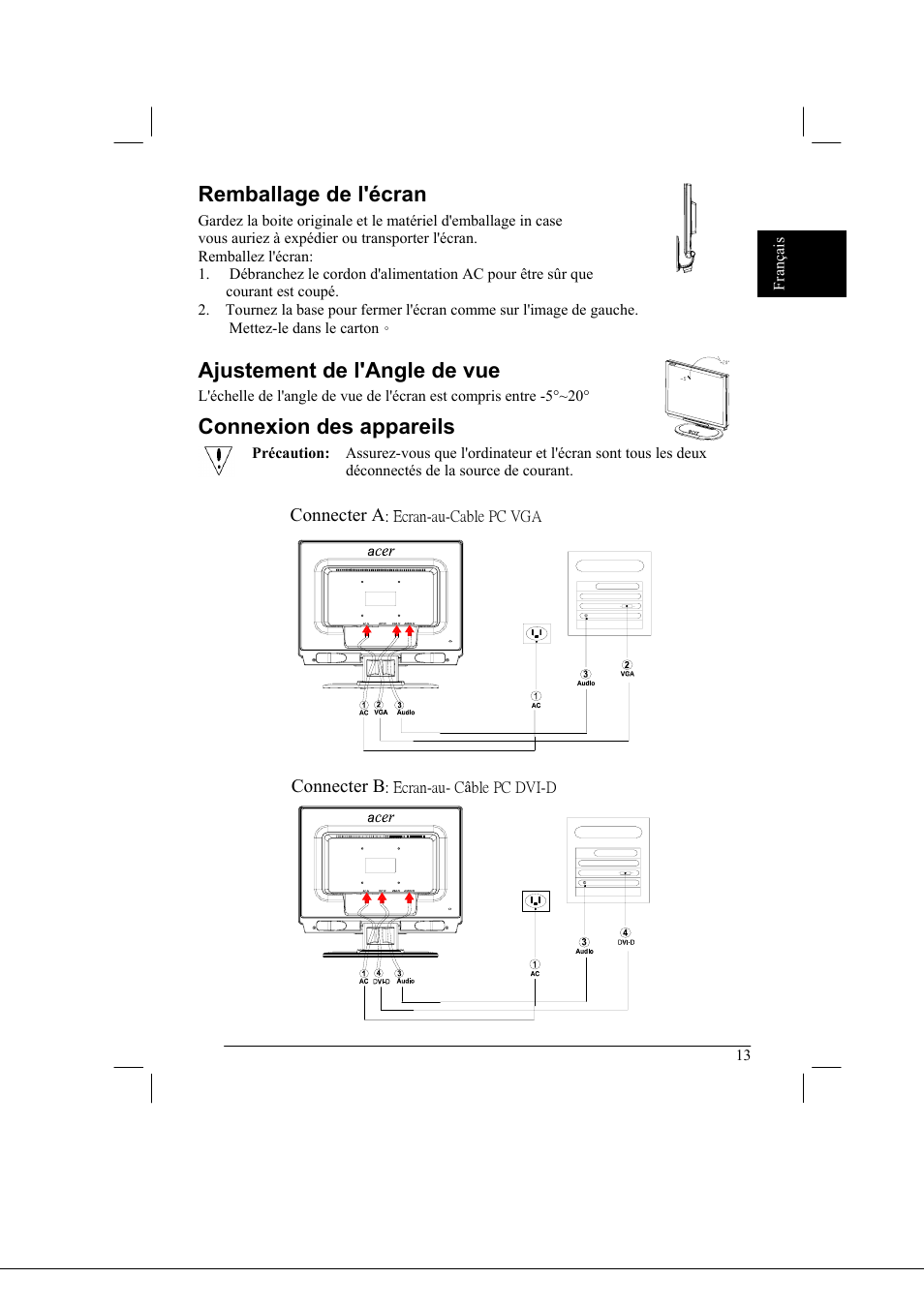 Remballage de l'écran, Ajustement de l'angle de vue, Connexion des appareils | Acer AL2021 User Manual | Page 13 / 130