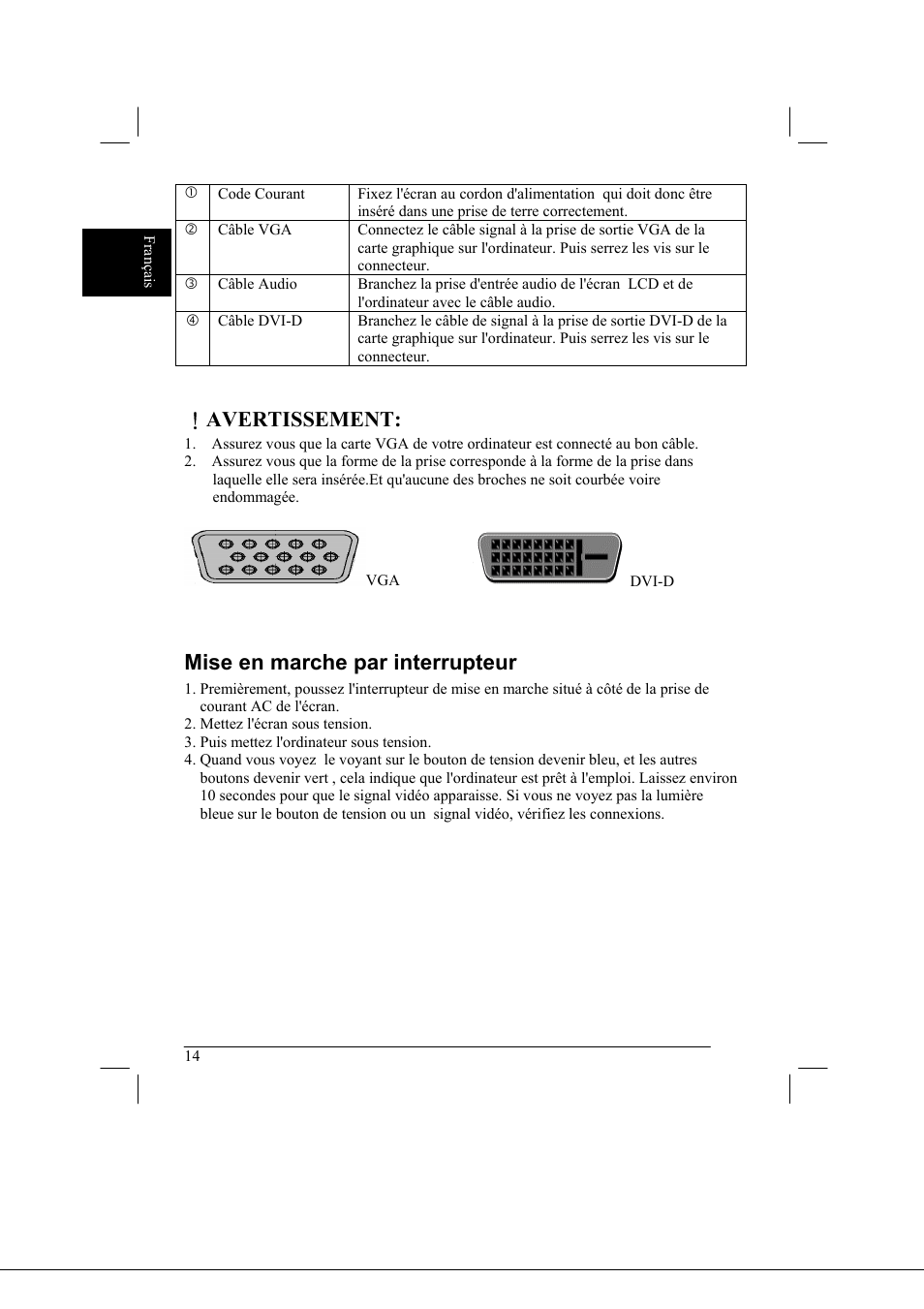 Avertissement, Mise en marche par interrupteur | Acer AL2021 User Manual | Page 14 / 130