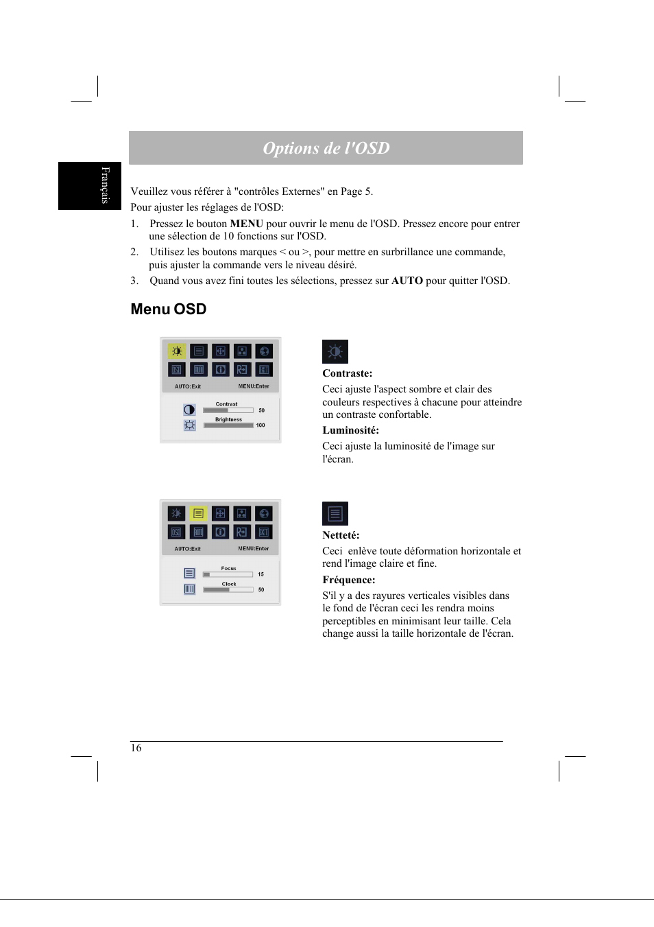 Options de l'osd, Menu | Acer AL2021 User Manual | Page 16 / 130