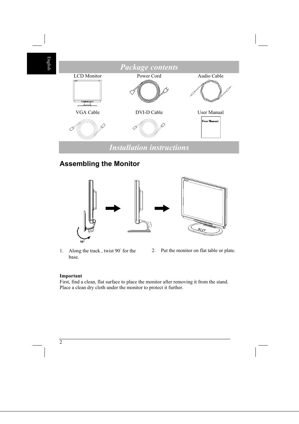 Package contents, Installation instructions, Assembling the monitor | Acer AL2021 User Manual | Page 2 / 130