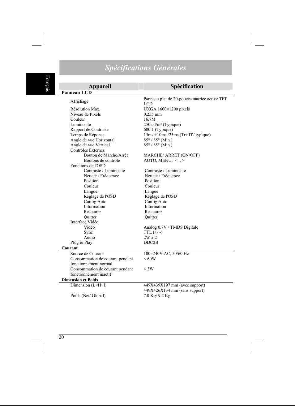 Spécifications générales, Appareil spécification | Acer AL2021 User Manual | Page 20 / 130