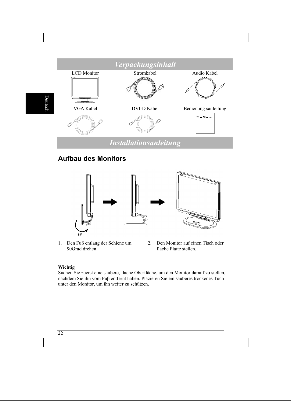 Verpackungsinhalt, Installationsanleitung, Aufbau des monitors | Acer AL2021 User Manual | Page 22 / 130
