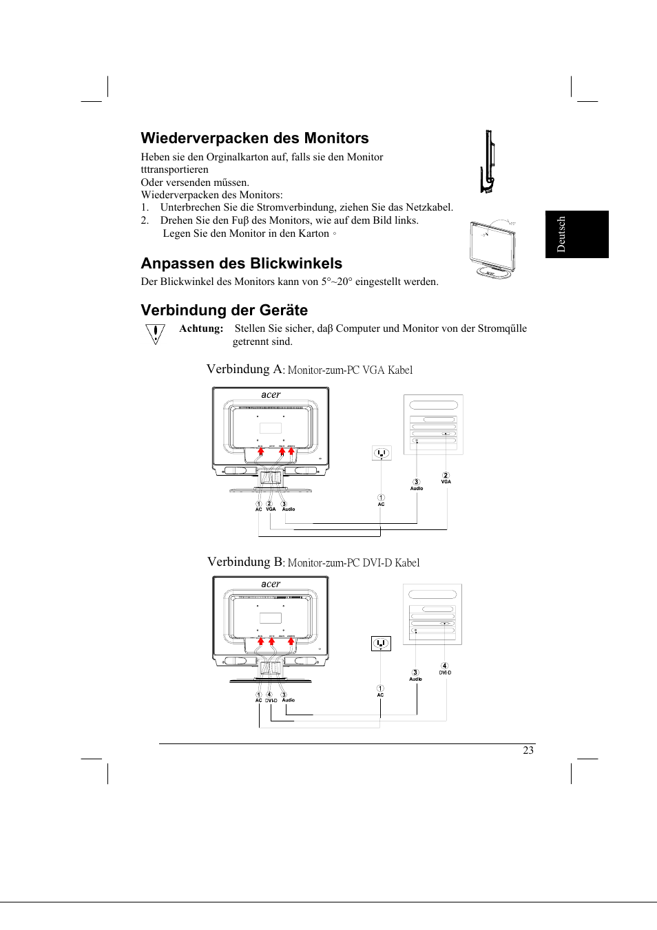 Wiederverpacken des monitors, Anpassen des blickwinkels, Verbindung der geräte | Acer AL2021 User Manual | Page 23 / 130