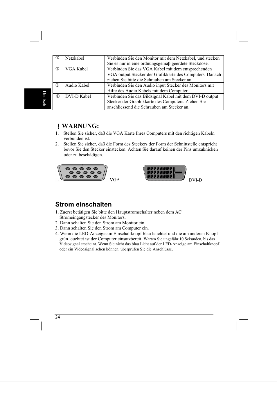 Warnung, Strom einschalten | Acer AL2021 User Manual | Page 24 / 130