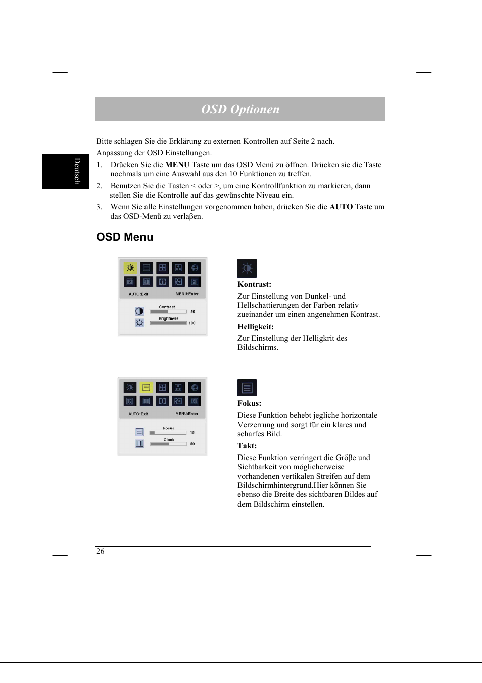 Osd optionen, Osd menu | Acer AL2021 User Manual | Page 26 / 130