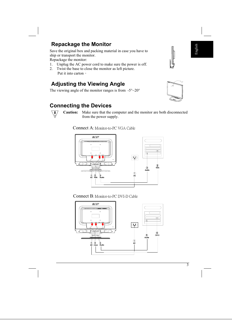 Repackage the monitor, Adjusting the viewing angle, Connecting the devices | Acer AL2021 User Manual | Page 3 / 130