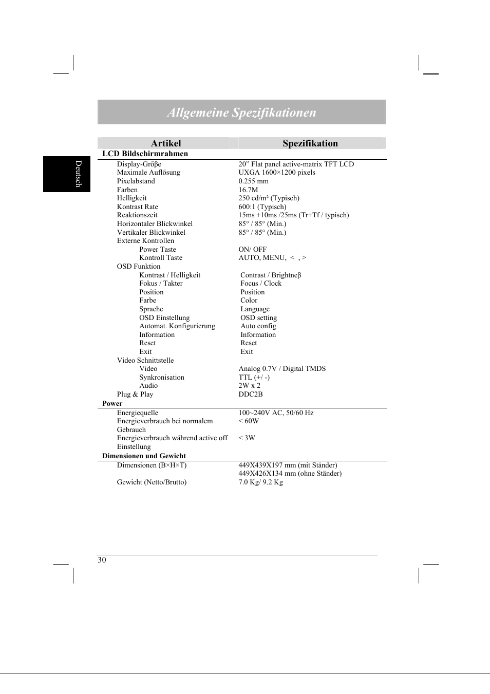 Allgemeine spezifikationen, Artikel spezifikation | Acer AL2021 User Manual | Page 30 / 130